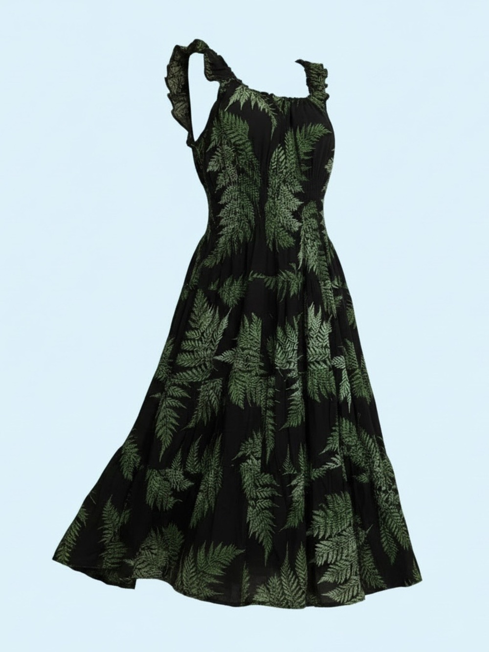 Spanish Black Swing Dress with Green Fern Print